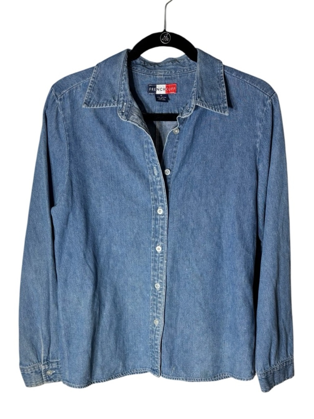 Vintage French Cuff M Light Blue Denim Button-Up Shirt Shacket Layer Hong Kong - Picture 2 of 7
